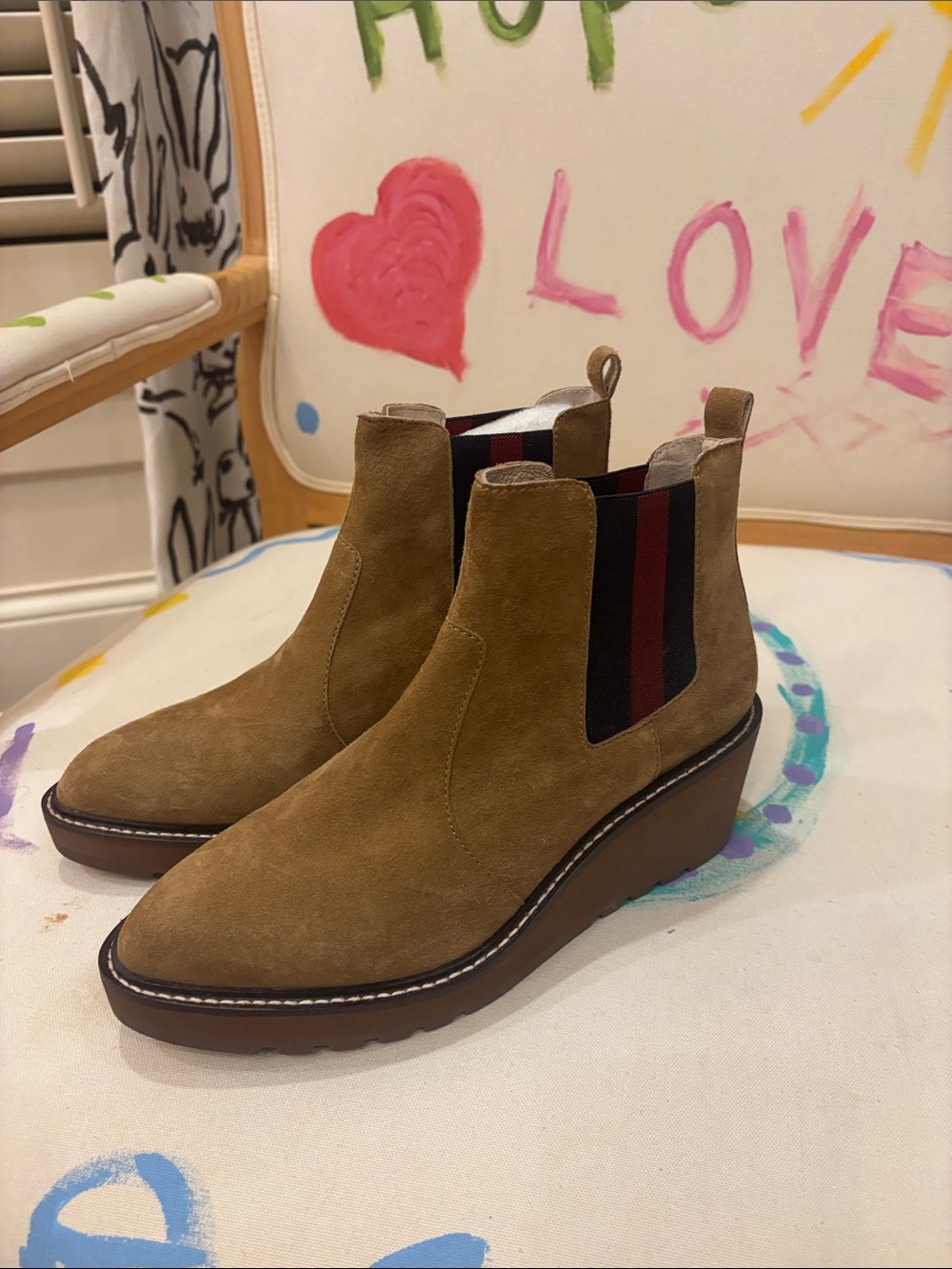 CECELIA NEW YORK Tan Suede Wedge Chelsea Booties with Striped Elastic